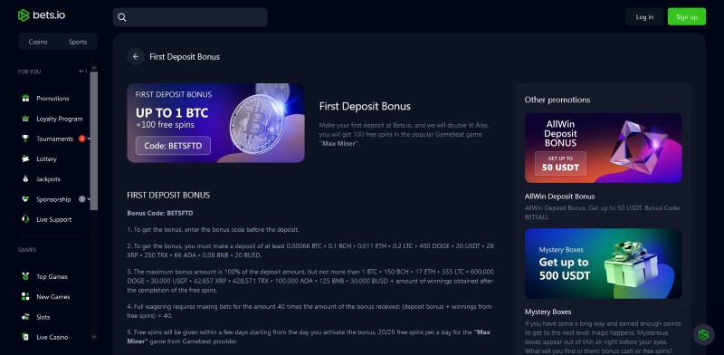 First Deposit Bonus at Bets.io